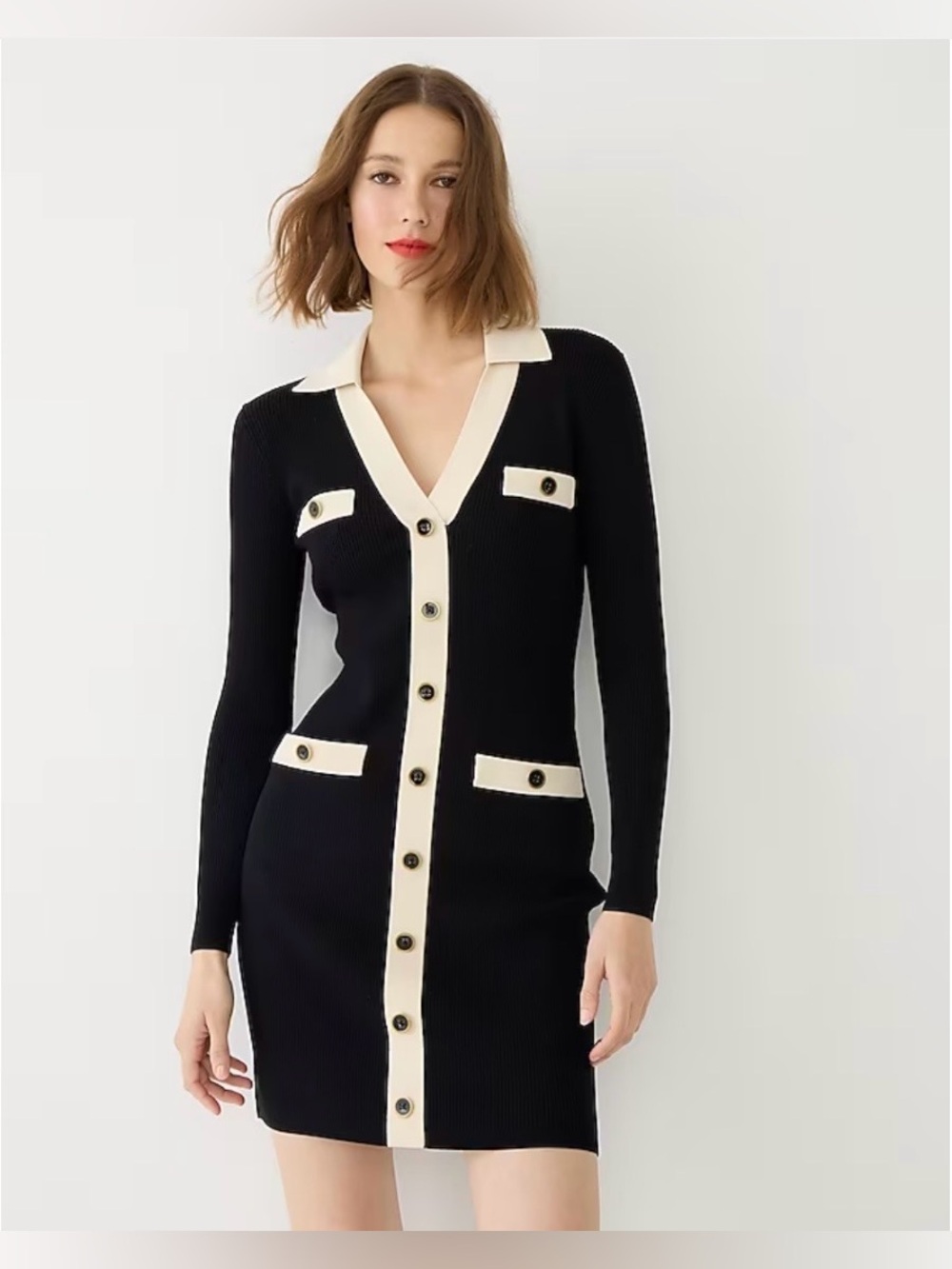 J. Crew Black Dress with Cream Trim Button-Front